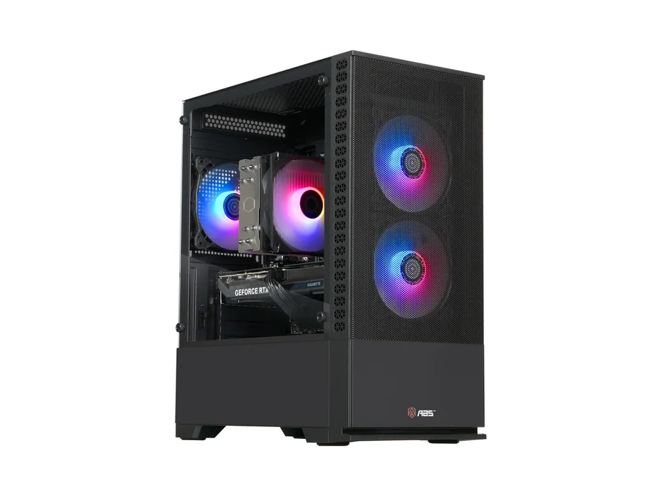 ABS Cyclone Aqua black micro tower with glass side and RGB fans, seen at an angle