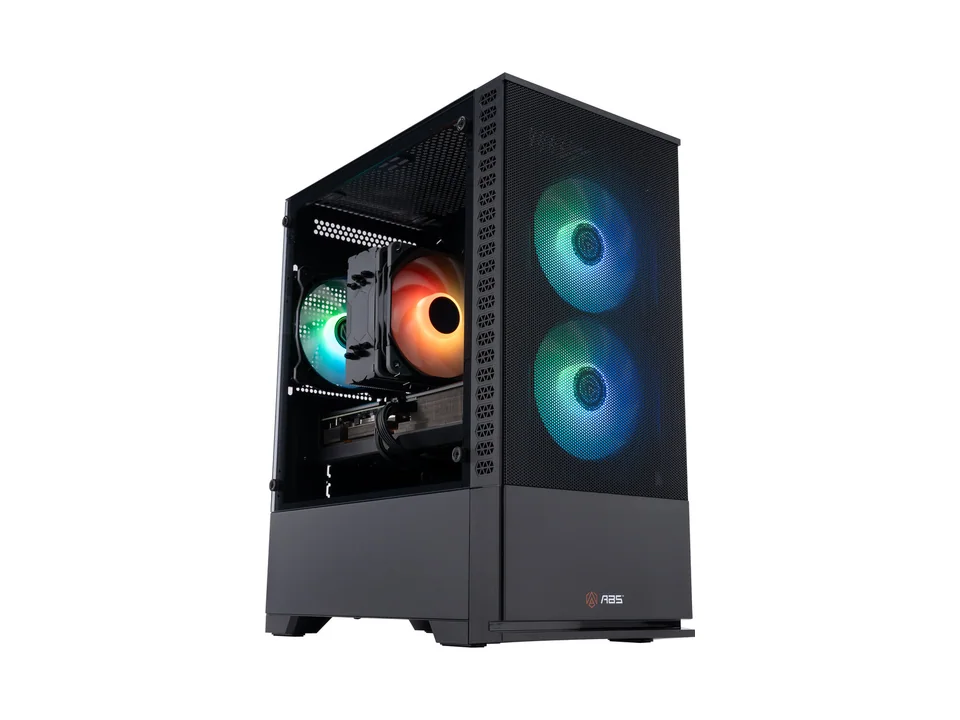 ABS Cyclone Aqua black micro tower with a glass side and lit fans, seen at an angle
