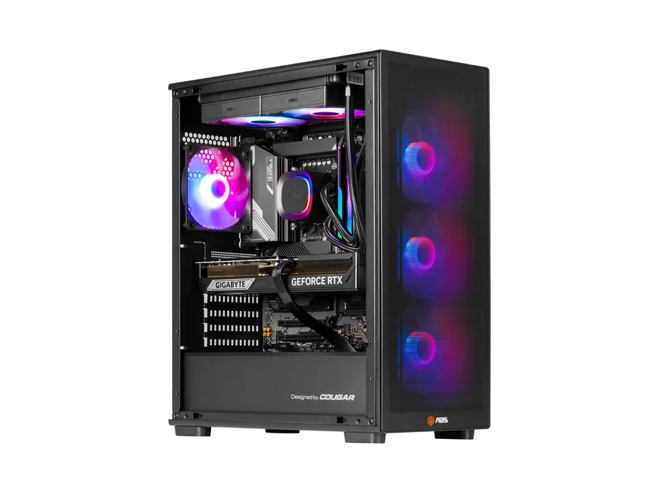 ABS Stratos II Aqua black mid-tower with glass side, liquid cooler and RGB fans, seen at an angle