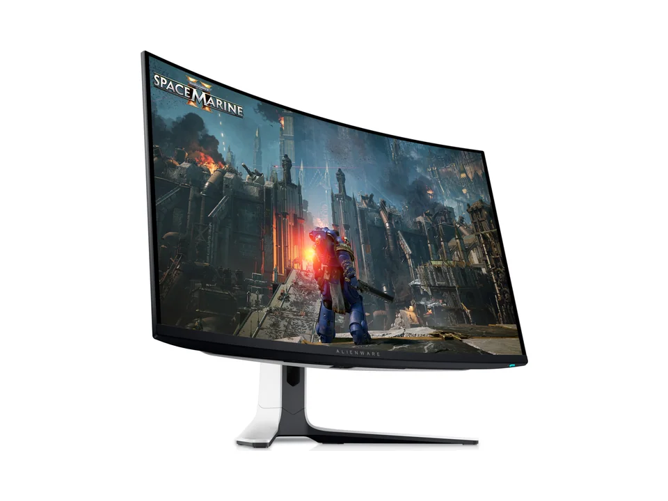 Alienware AW3225QF curved 4K QD-OLED monitor on its stand