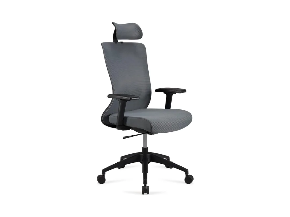 Gray Amazon Basics high-back mesh office chair with headrest and black base, three-quarter view