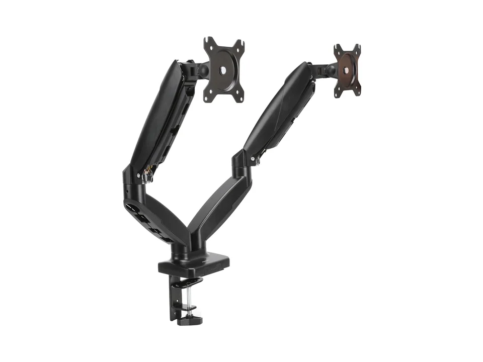 Black Amazon Basics dual gas spring monitor arm with C-clamp and two VESA plates, front view