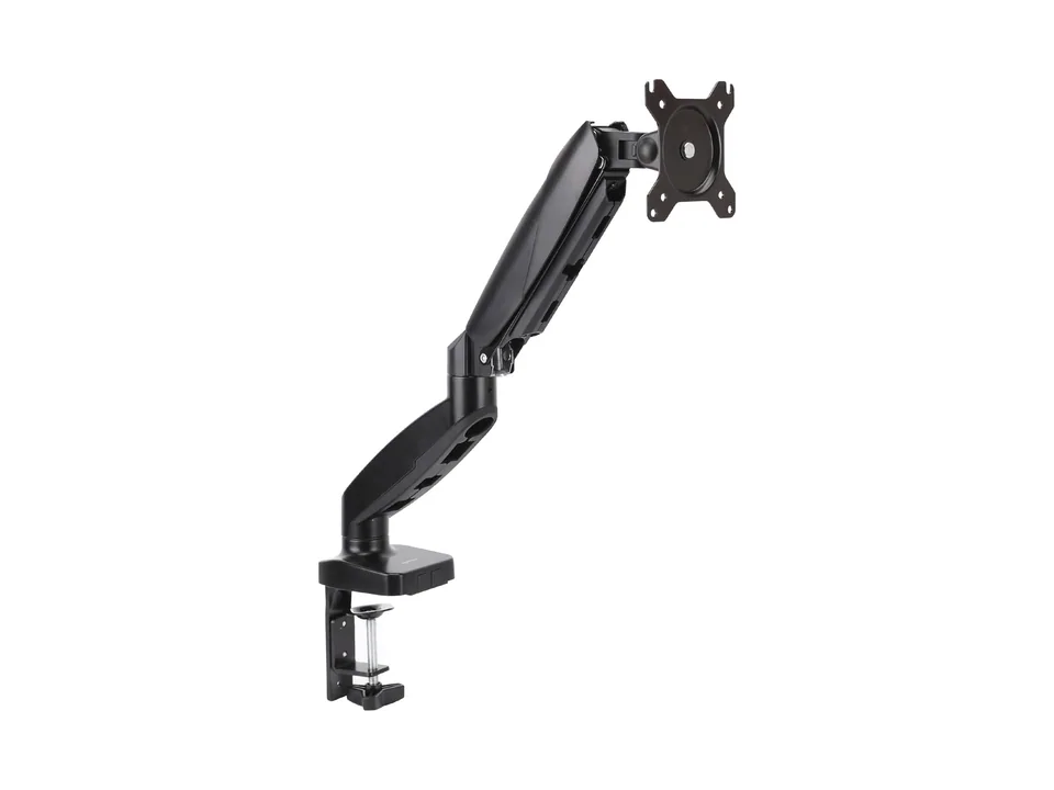 Black Amazon Basics gas spring single monitor arm with C-clamp and VESA plate, side view