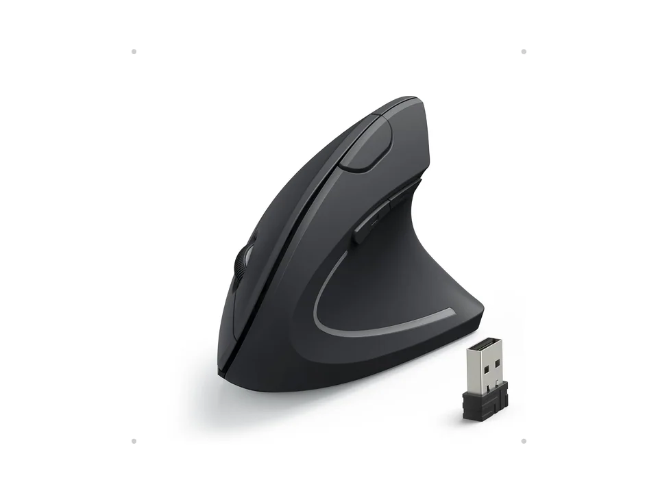 Anker wireless vertical ergonomic mouse in black with its USB receiver, side view on a white background