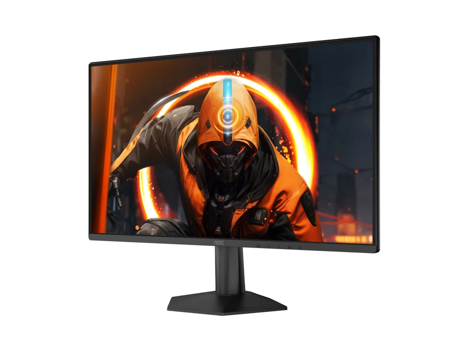AOC 24G50F gaming monitor seen at an angle on its black stand