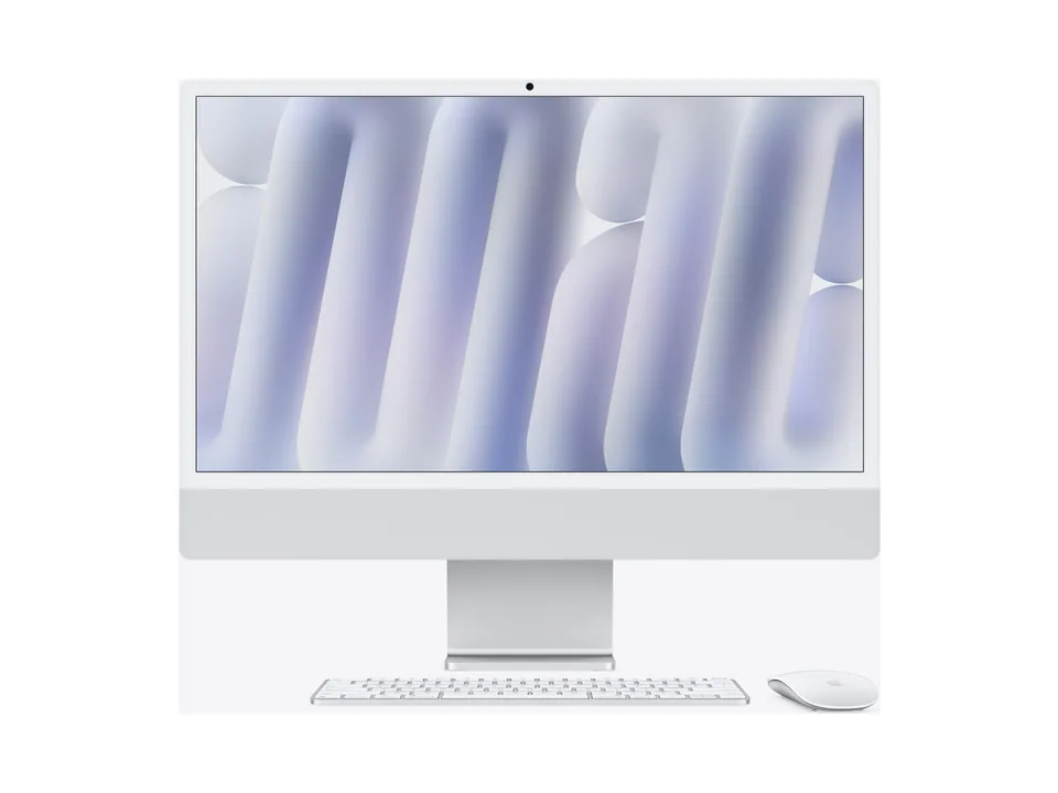 Silver Apple iMac 24-inch seen from the front with its Magic Keyboard and Magic Mouse