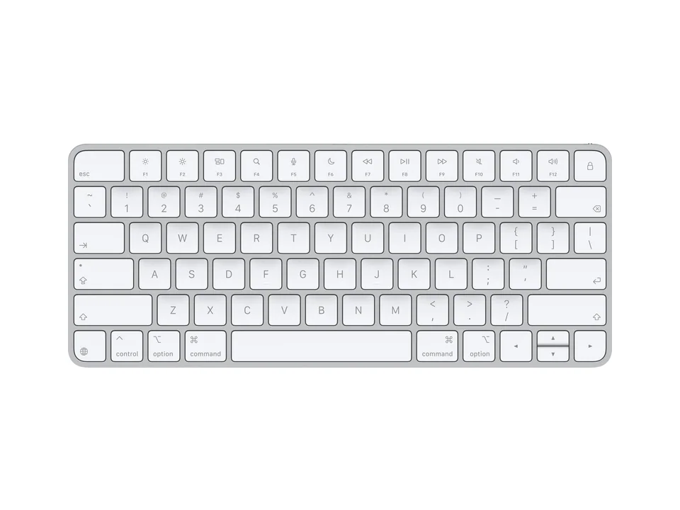 White Apple Magic Keyboard with US English layout and silver aluminium base, top view on a white background