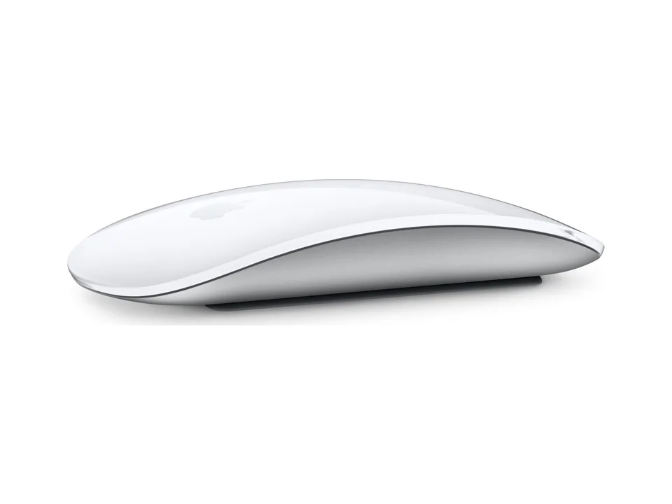 White Apple Magic Mouse seen from a three-quarter side angle on a white background