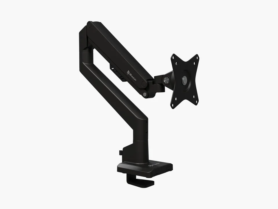 Black Arozzi Alzare Neo single gas spring monitor arm with VESA plate and desk clamp, side three-quarter view