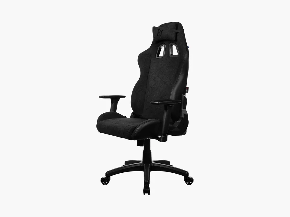 Black Arozzi Avanti Soft Fabric gaming chair with neck pillow and 3D armrests, front three-quarter view