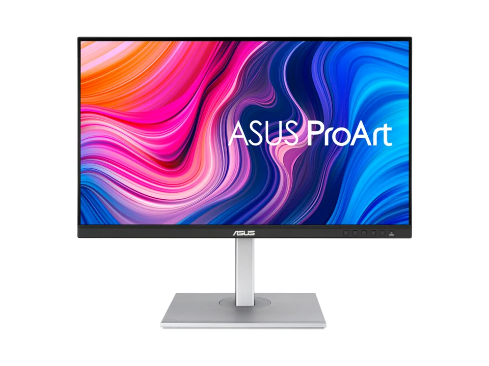 ASUS ProArt PA278CV monitor seen from the front on its silver stand