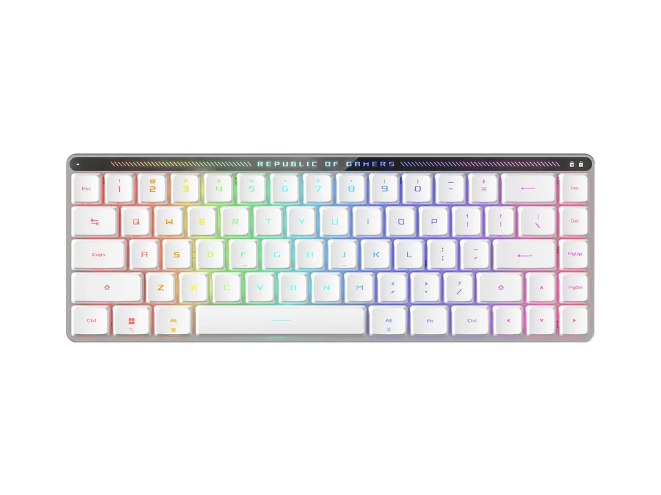 ASUS ROG Falchion RX Low Profile white 65% keyboard with RGB lighting, top view on a white background