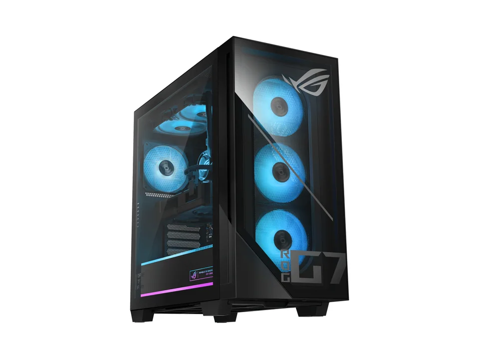 Tour ASUS ROG G700 noire avec façade vitrée et ventilateurs éclairés en bleu, vue de trois quarts