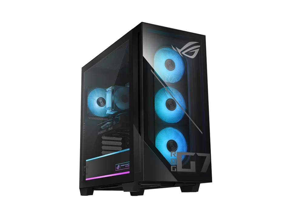 Torre negra ASUS ROG GM700 con paneles de cristal y ventiladores con luz azul, vista en ángulo
