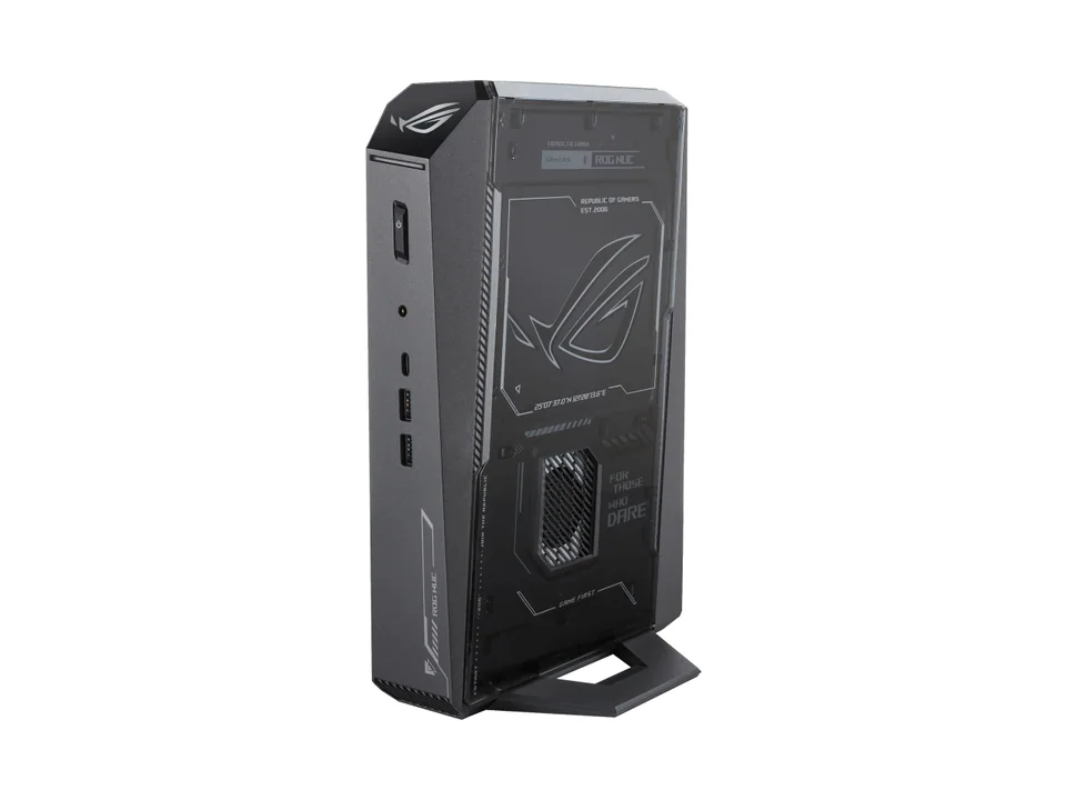 ASUS ROG NUC compact gaming PC, a small black box with lit ROG logo