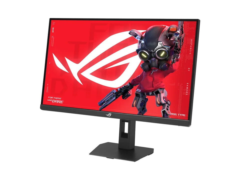 ASUS ROG Strix 5K XG27JCG black monitor on its stand, seen at an angle