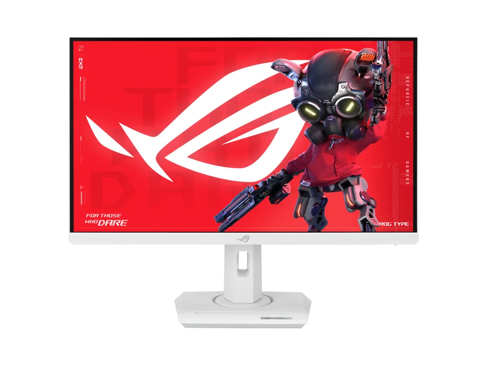 White ASUS ROG Strix XG27ACG-W monitor seen from the front on its white stand