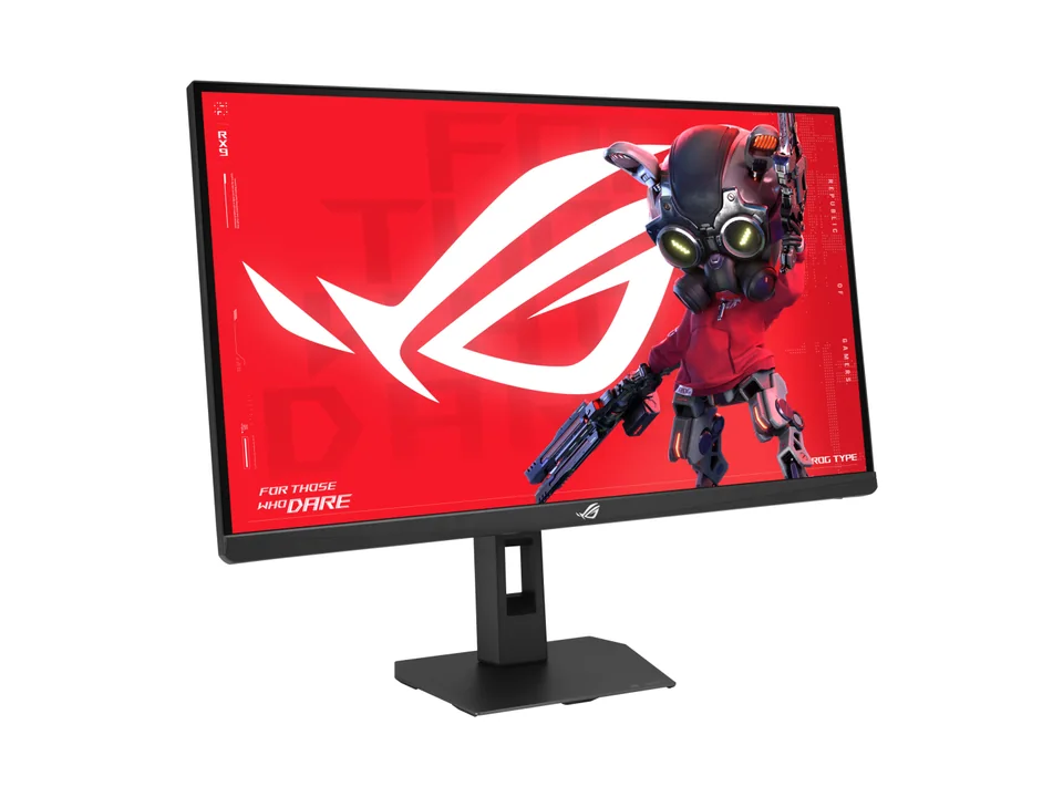 ASUS ROG Strix XG27UCGR black 27-inch gaming monitor on its stand, seen at an angle