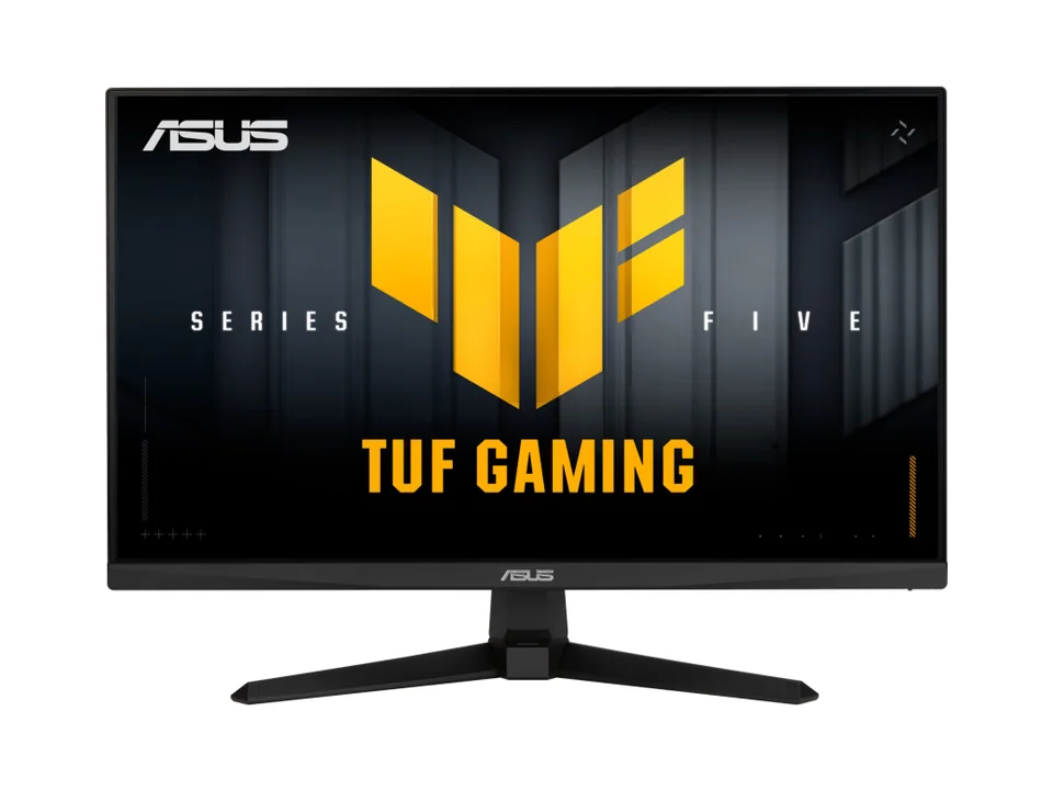 ASUS TUF Gaming VG259QM5A monitor seen from the front on its black V-shaped stand
