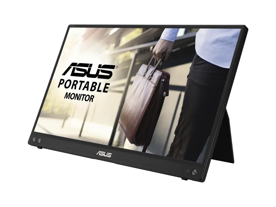 ASUS ZenScreen MB16ACV portable monitor on its kickstand, seen at an angle