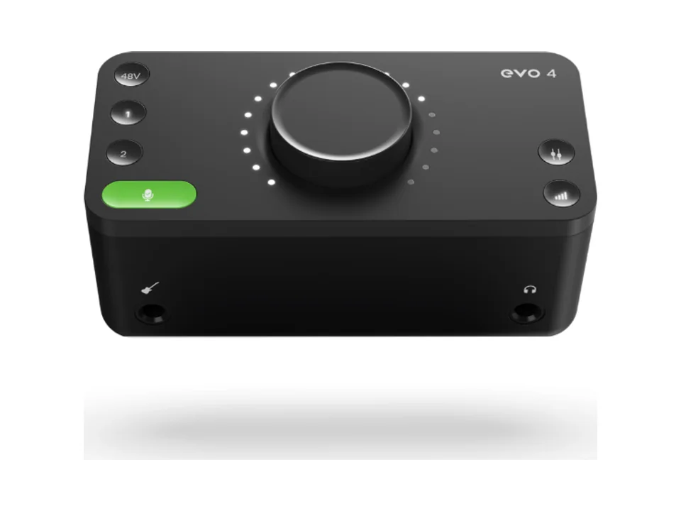 Black Audient EVO 4 audio interface with its large central knob and green mic button