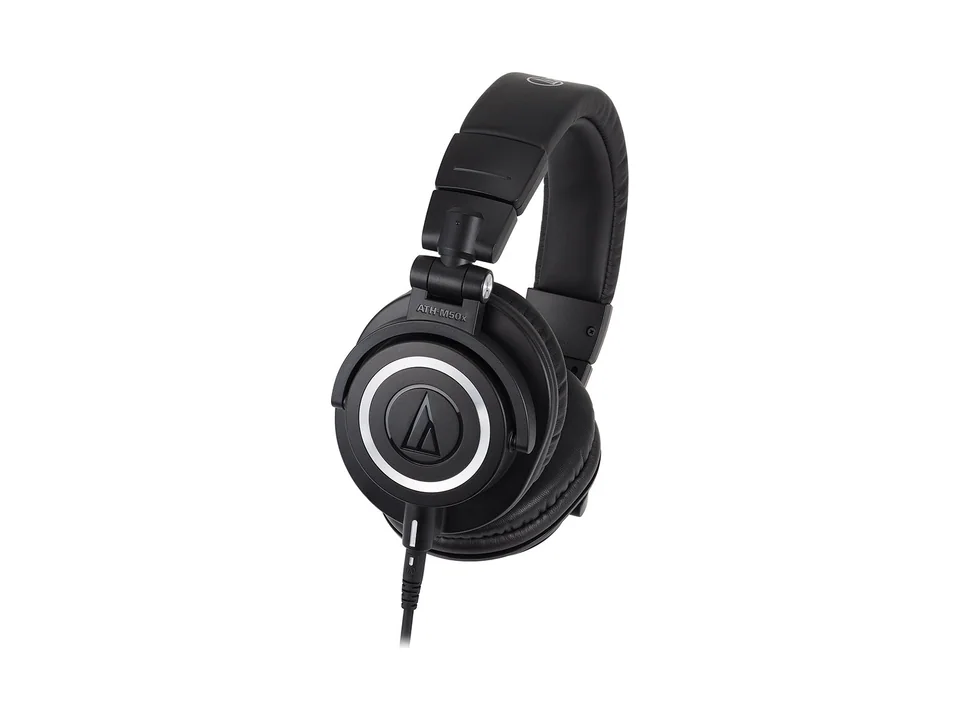 Black Audio-Technica ATH-M50x studio headphones, three-quarter view