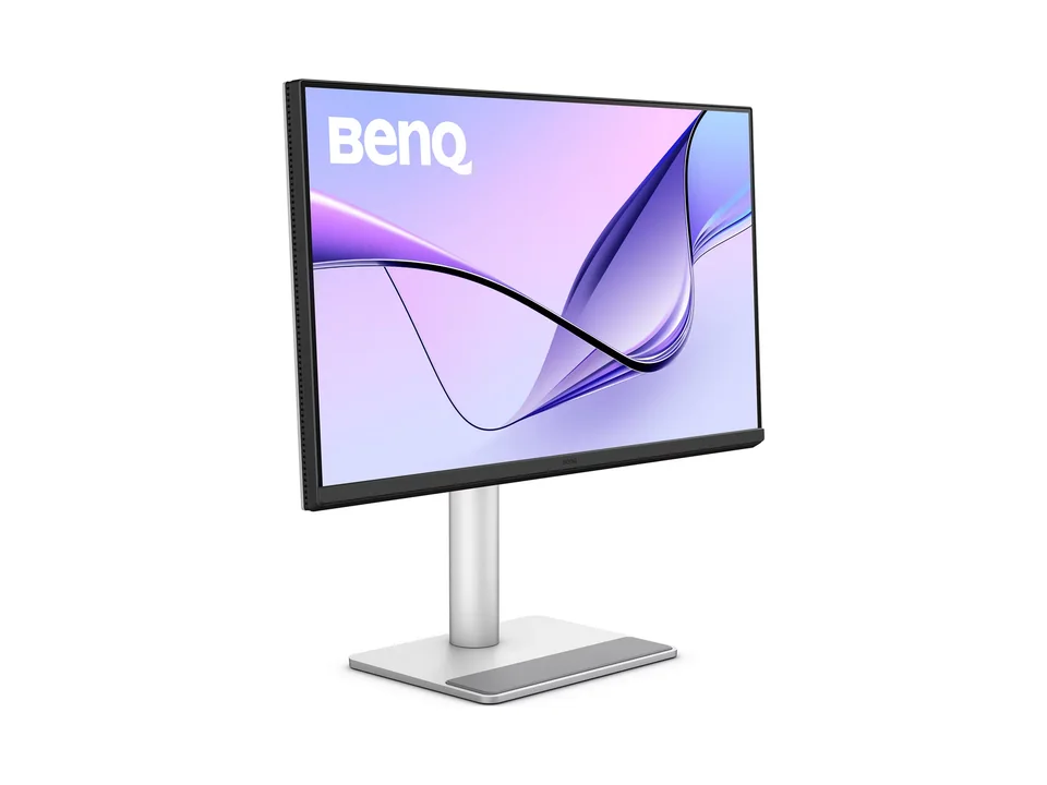 BenQ MA270U monitor with silver stand, seen at an angle from the right
