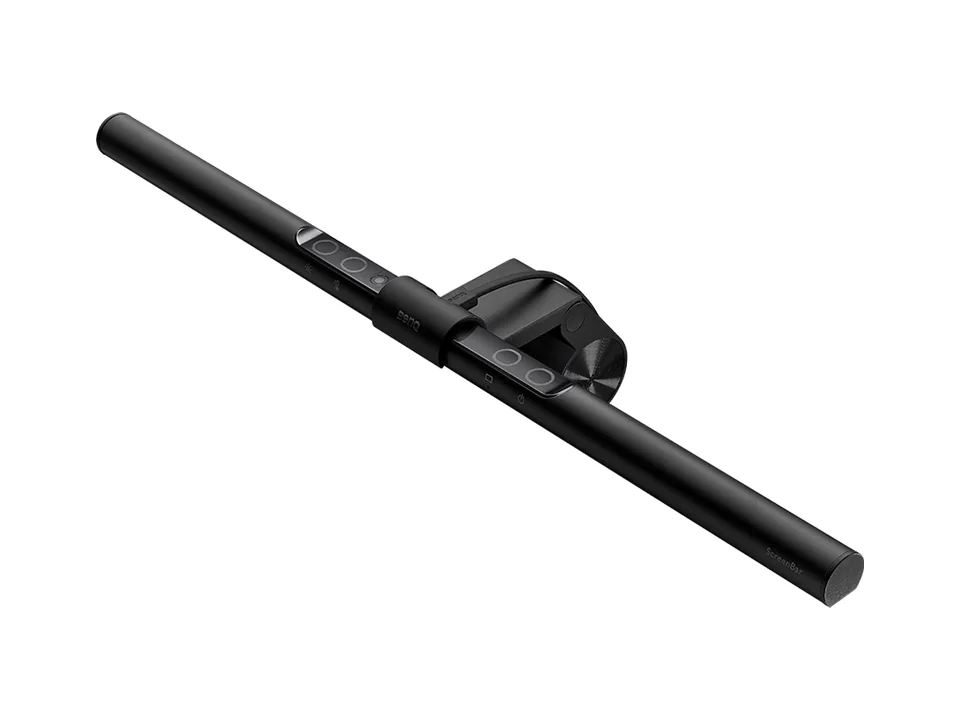 Black BenQ ScreenBar monitor light bar with its clip, three-quarter view on a white background