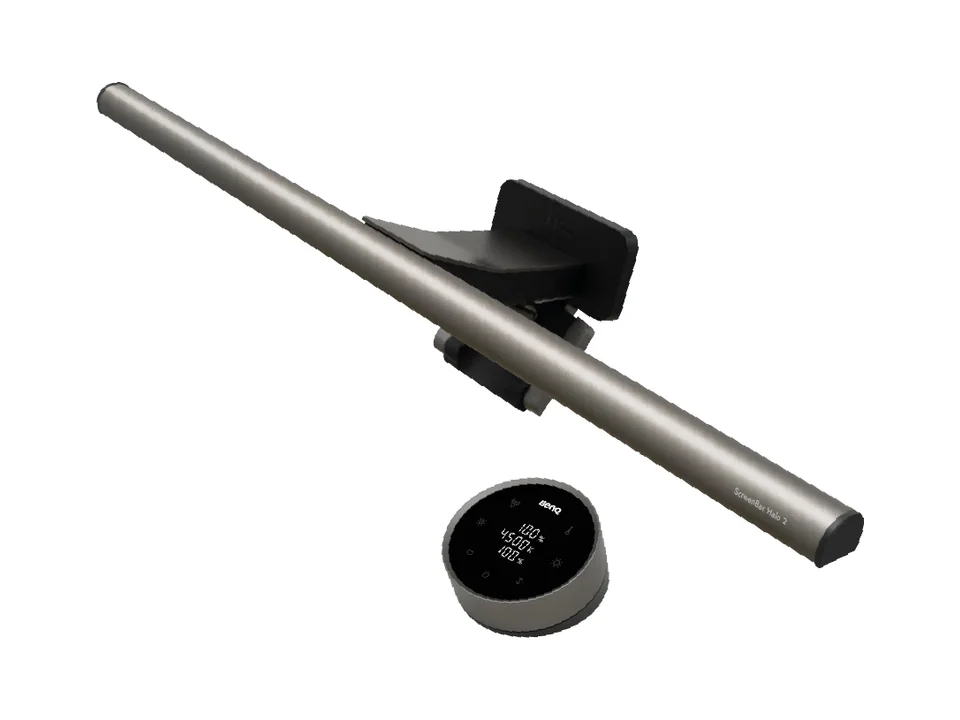 BenQ ScreenBar Halo 2 monitor light bar with its round wireless controller