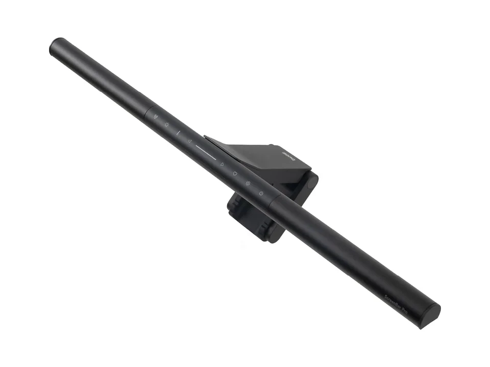 Black BenQ ScreenBar Pro monitor light bar with its clamp and touch controls, on a white background