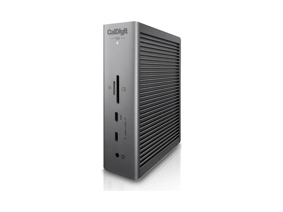 CalDigit TS5 Thunderbolt 5 dock in space gray, front three-quarter view