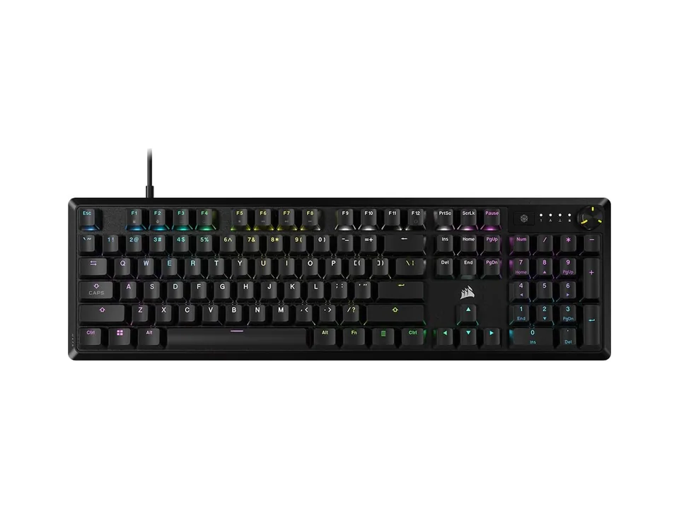Corsair K70 CORE RGB full-size keyboard in black with RGB lighting and a media dial, top view on a white background