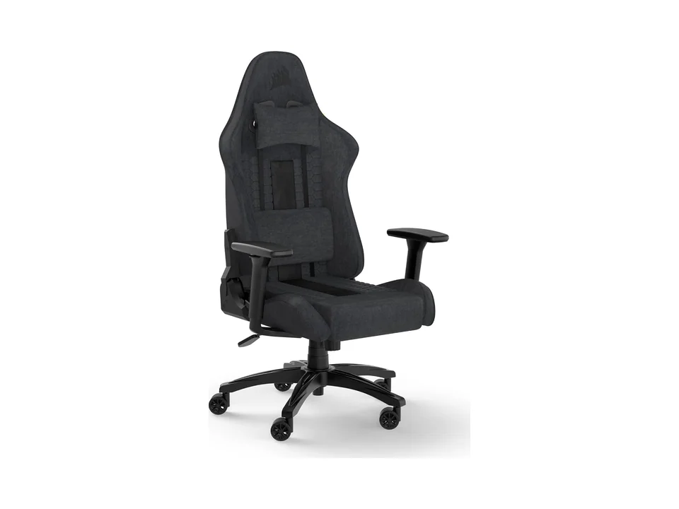 Fauteuil gaming Corsair TC100 Relaxed en tissu gris et noir avec coussins nuque et lombaire, vue de trois quarts