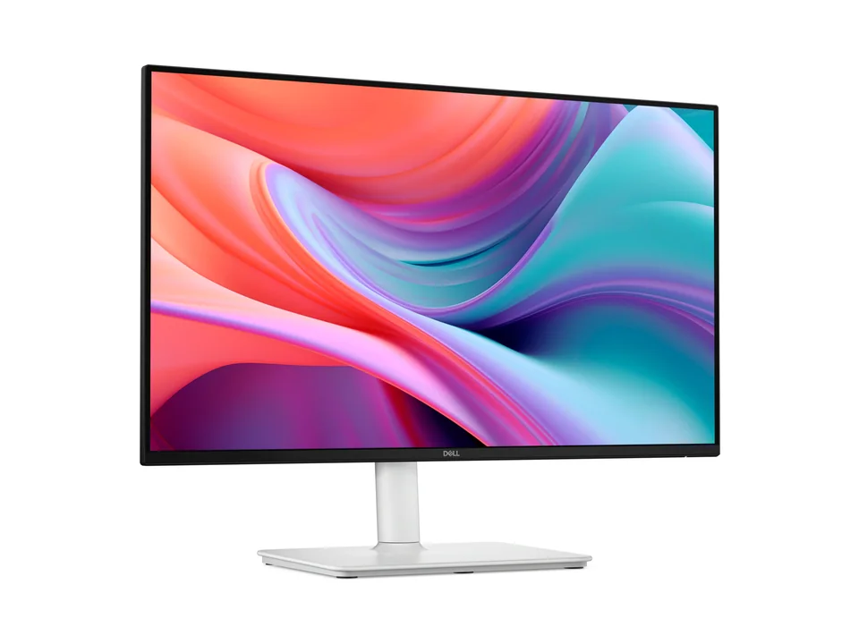 White Dell 24 Plus S2425HSM monitor on its silver stand, seen at an angle
