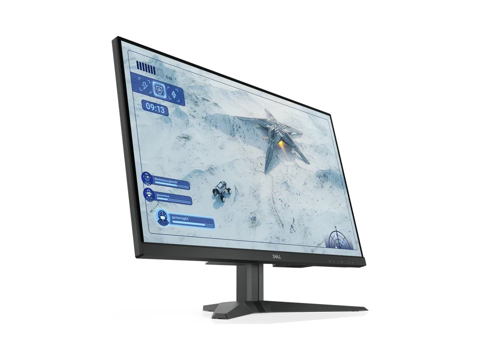 Dell G2725D 27-inch gaming monitor on its black stand, seen at an angle