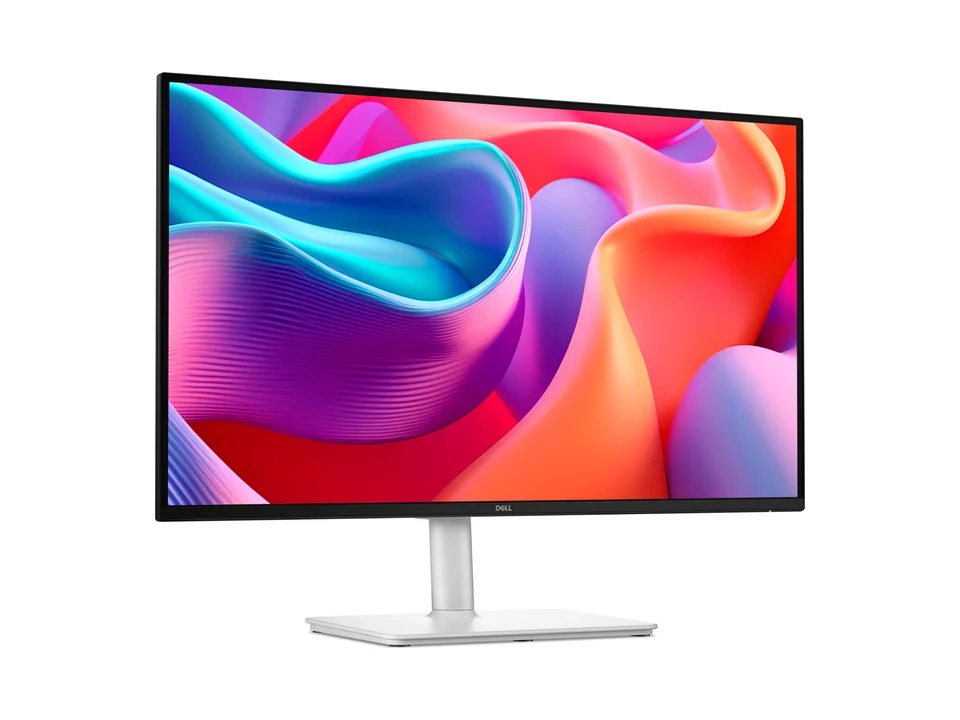Monitor blanco Dell 27 Plus S2725DC visto en ángulo sobre su pie blanco