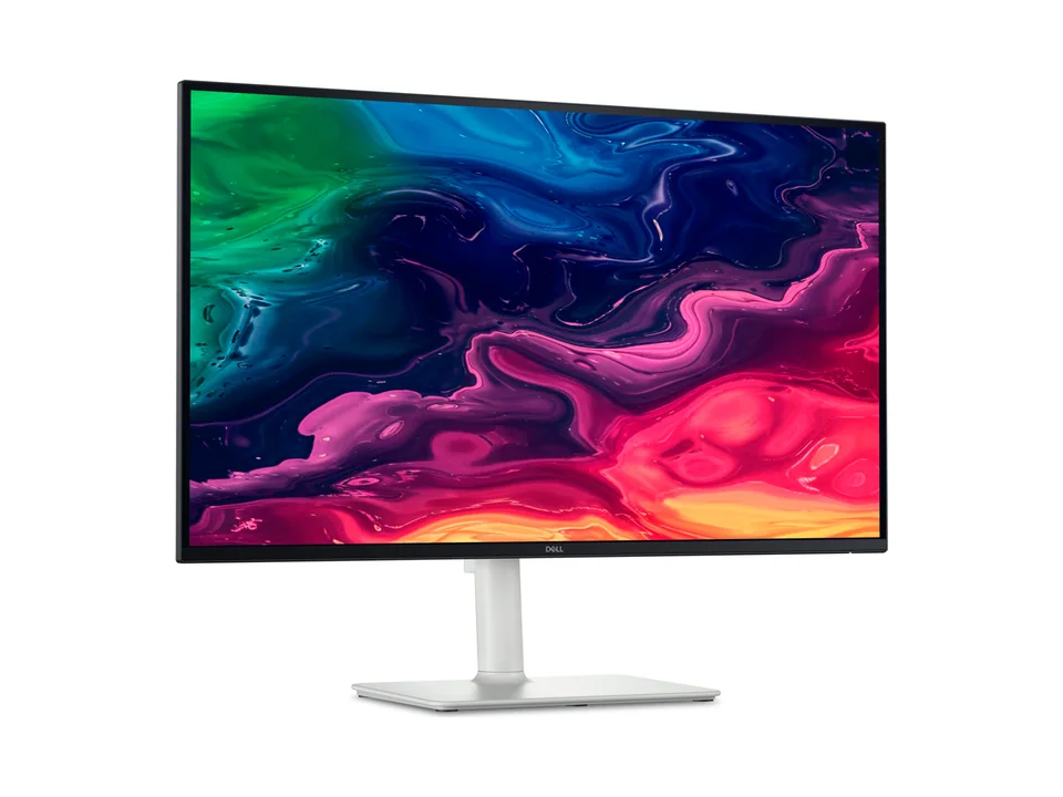 Dell 27 Plus S2725QC white monitor on its silver-white stand, seen at an angle