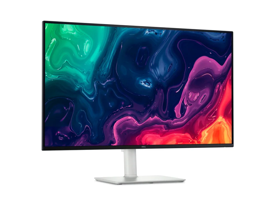 Écran 4K Dell 32 Plus S3225QS blanc sur son pied argenté, vu de trois quarts