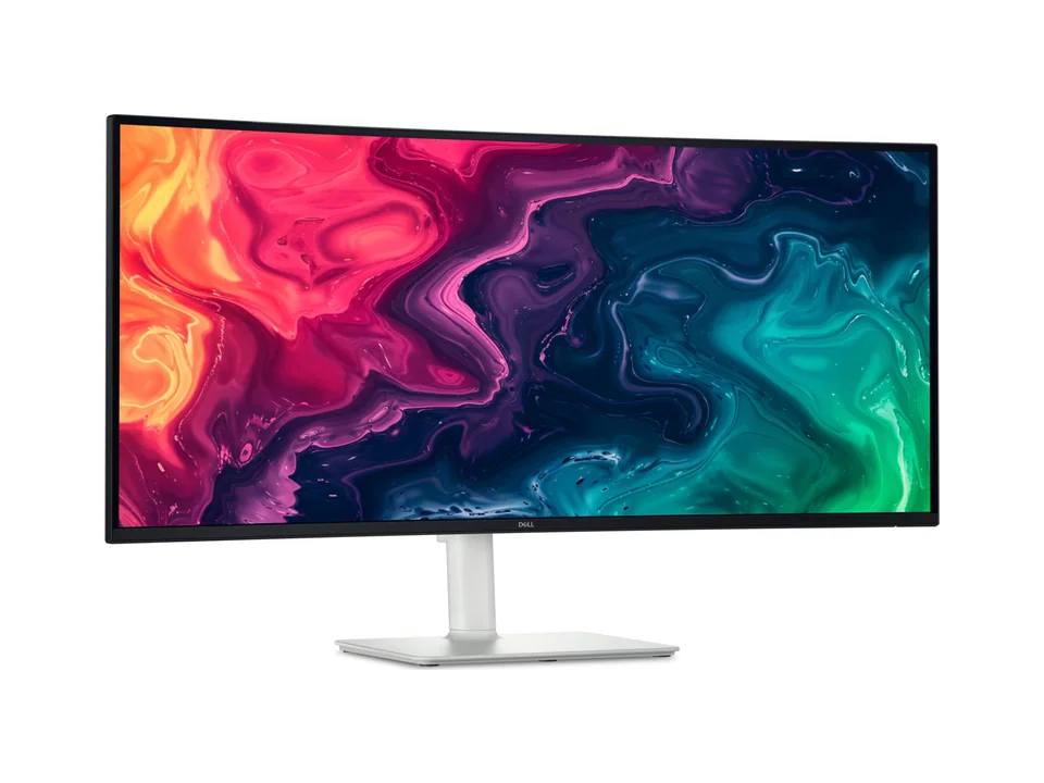 Dell 34 Plus S3425DW white curved ultrawide monitor, seen from the front