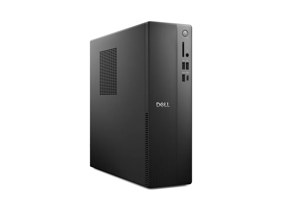 Black Dell Slim Desktop tower seen at an angle, front ports visible