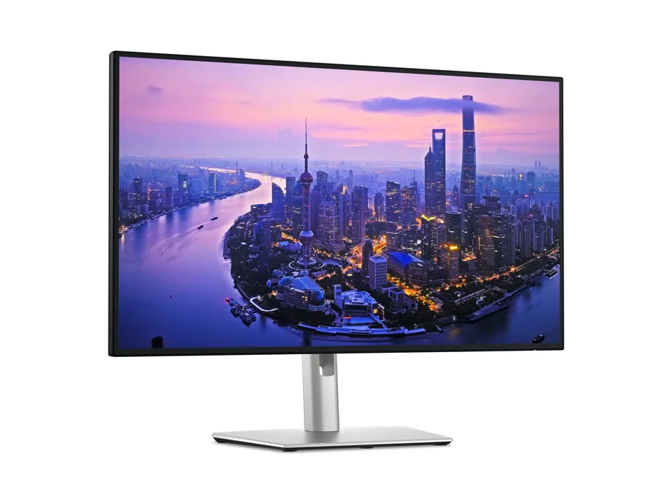 Dell UltraSharp U2725QE monitor with silver stand, seen at an angle