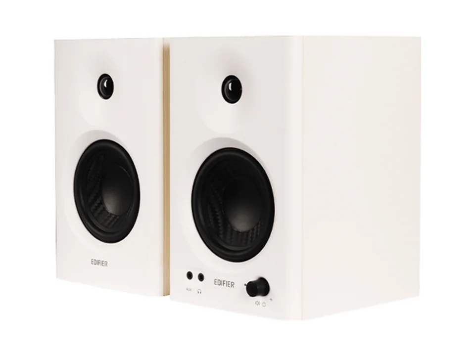 Pair of white Edifier MR4 studio monitors, three-quarter view