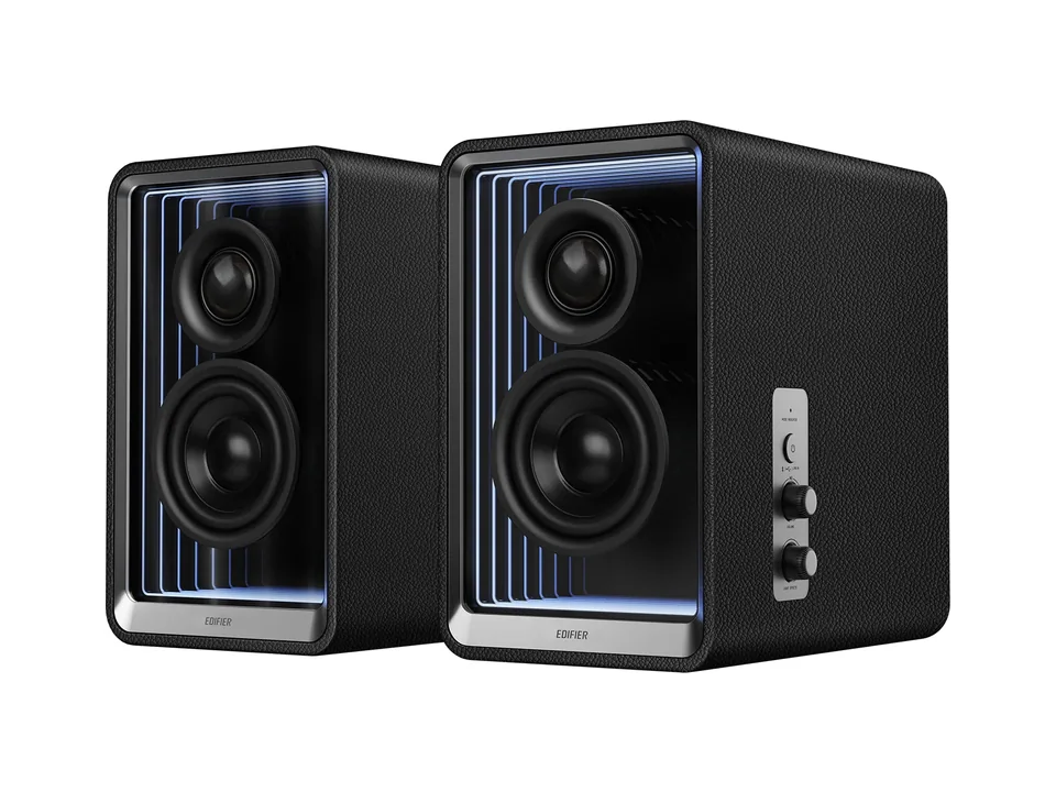 Pair of black Edifier QR65 desktop speakers with lit infinity-mirror baffles