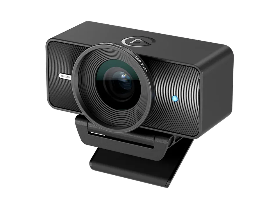 Black Elgato Facecam 4K webcam on its monitor mount, three-quarter view