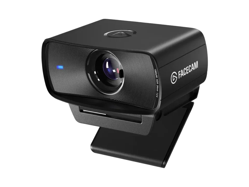 Black Elgato Facecam MK.2 webcam on its monitor mount, three-quarter view