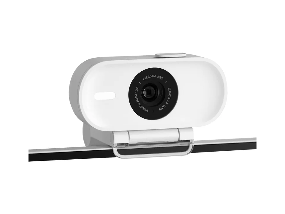 White Elgato Facecam Neo webcam clipped on top of a monitor, front view
