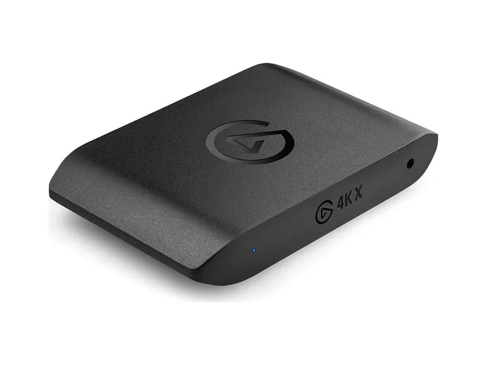 Black Elgato Game Capture 4K X box with the Elgato logo on top, three-quarter view