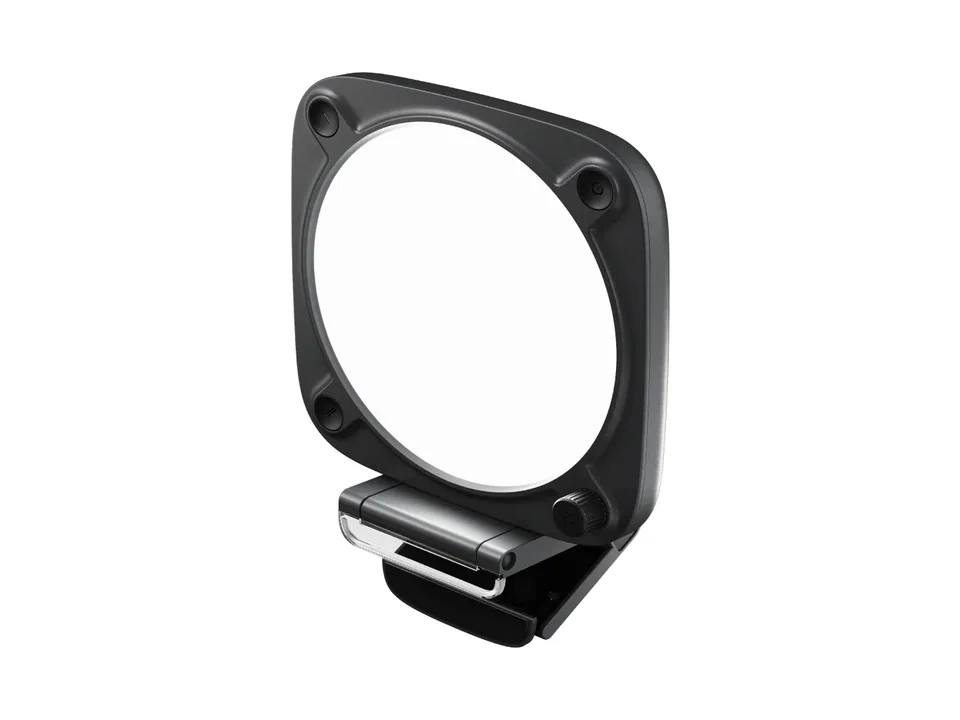 Black Elgato Key Light Neo square panel on its monitor mount, on a plain background