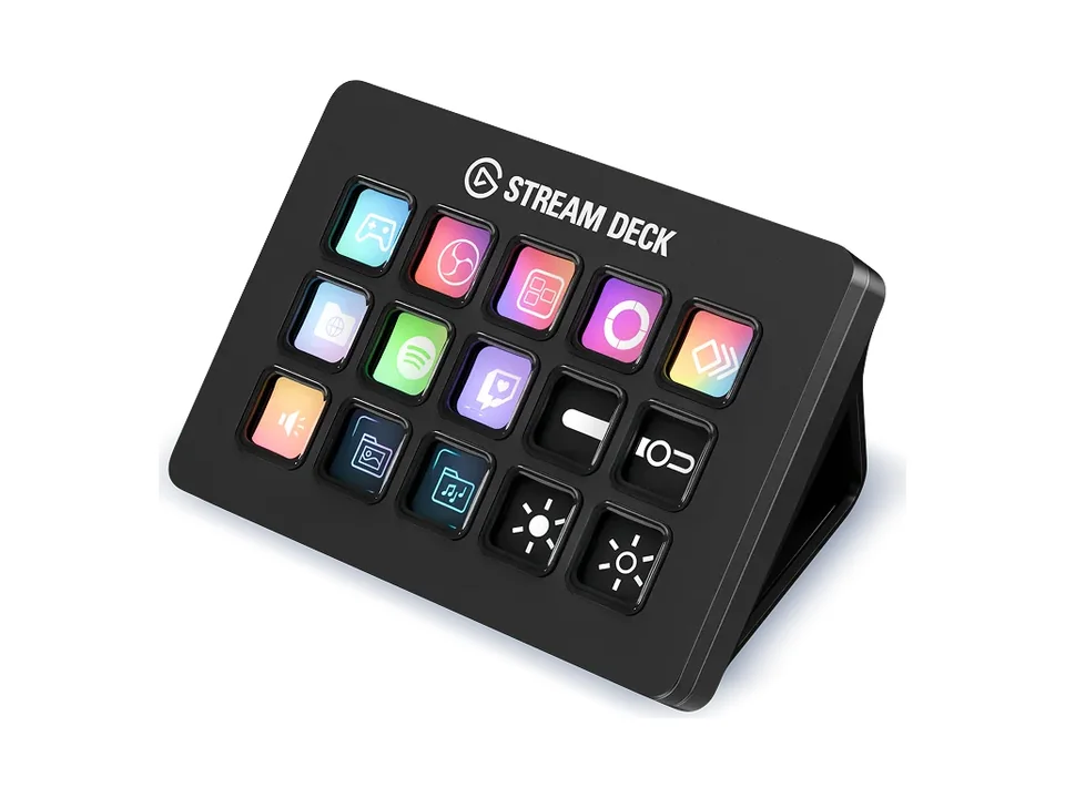 Black Elgato Stream Deck MK.2 with 15 colorful LCD keys, on its stand