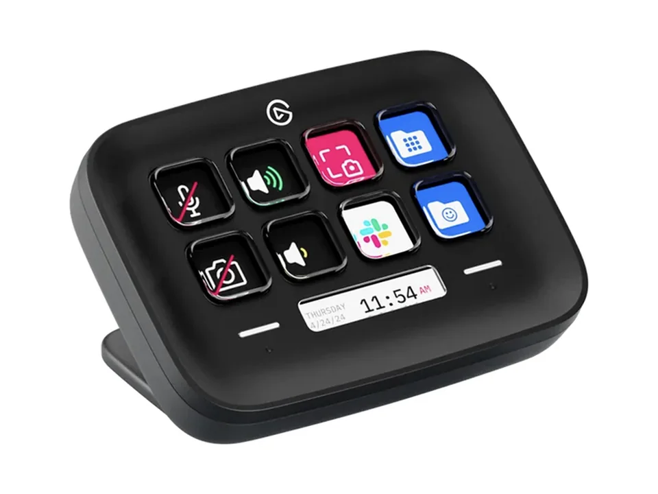 Black Elgato Stream Deck Neo with eight colourful LCD keys and its Infobar, three-quarter view